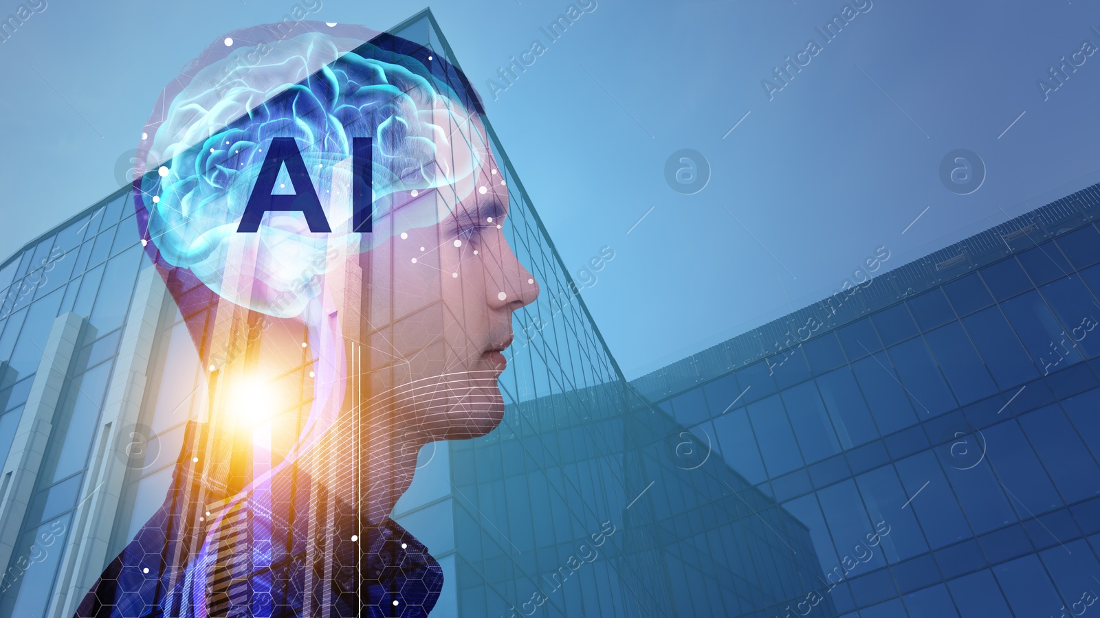 Image of Artificial intelligence. Multiple exposure of man, brain and building. Banner design with space for text