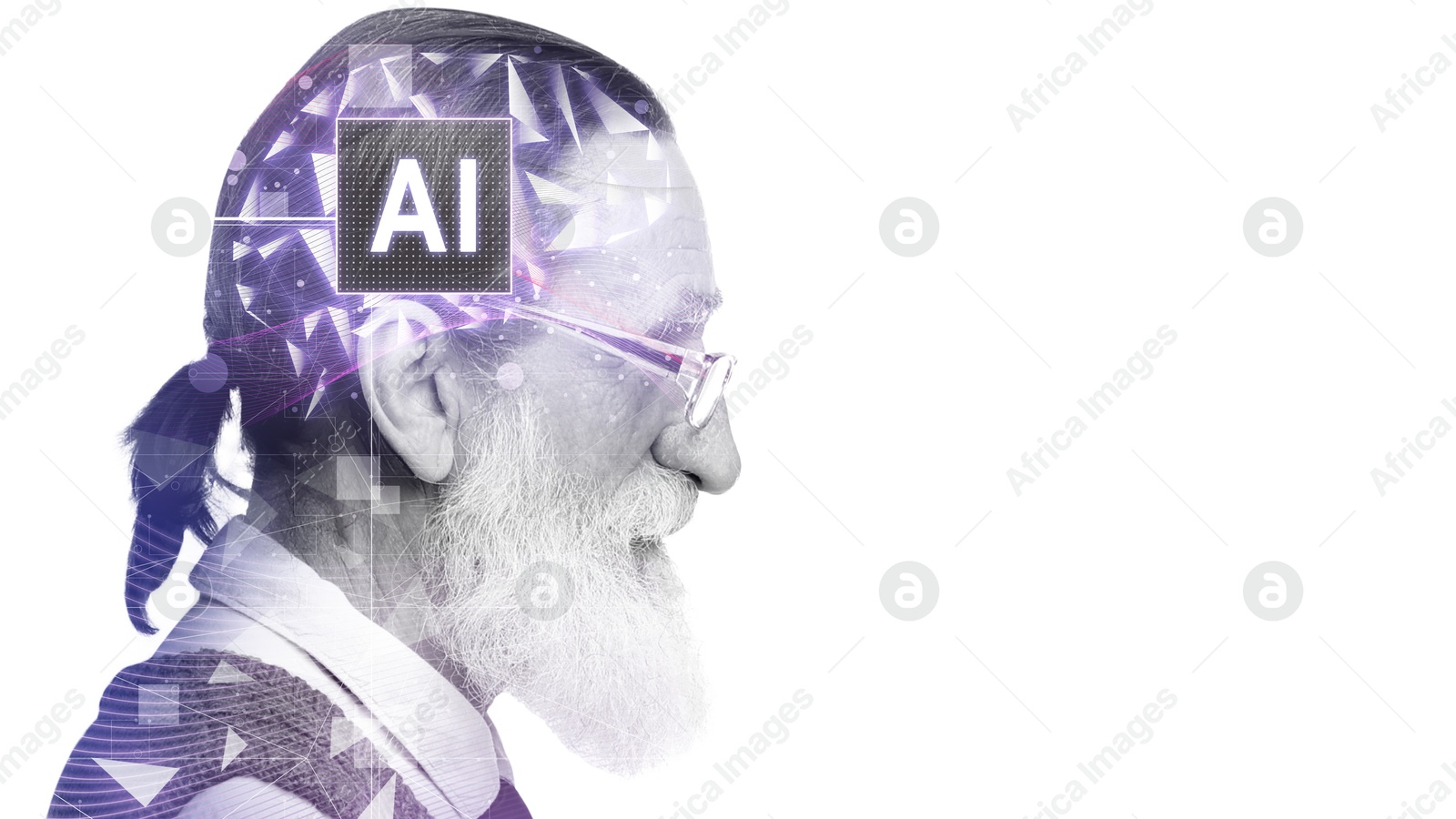 Image of Artificial intelligence. Double exposure of senior man and brain on white background. Banner design with space for text