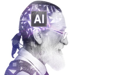 Image of Artificial intelligence. Double exposure of senior man and brain on white background. Banner design with space for text