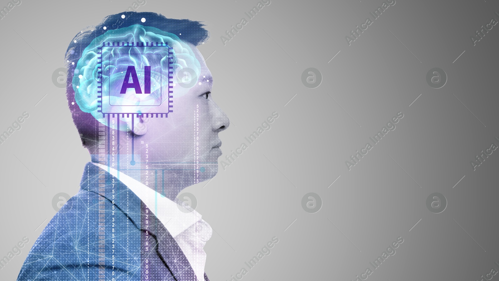 Image of Artificial intelligence. Double exposure of man, brain and code on grey background. Banner design with space for text