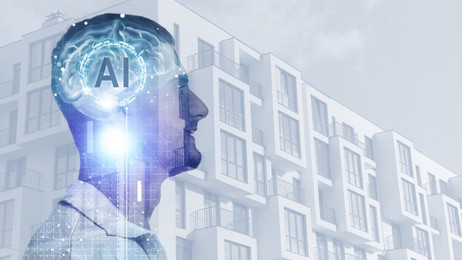 Image of Artificial intelligence. Multiple exposure of man, brain and building. Banner design with space for text