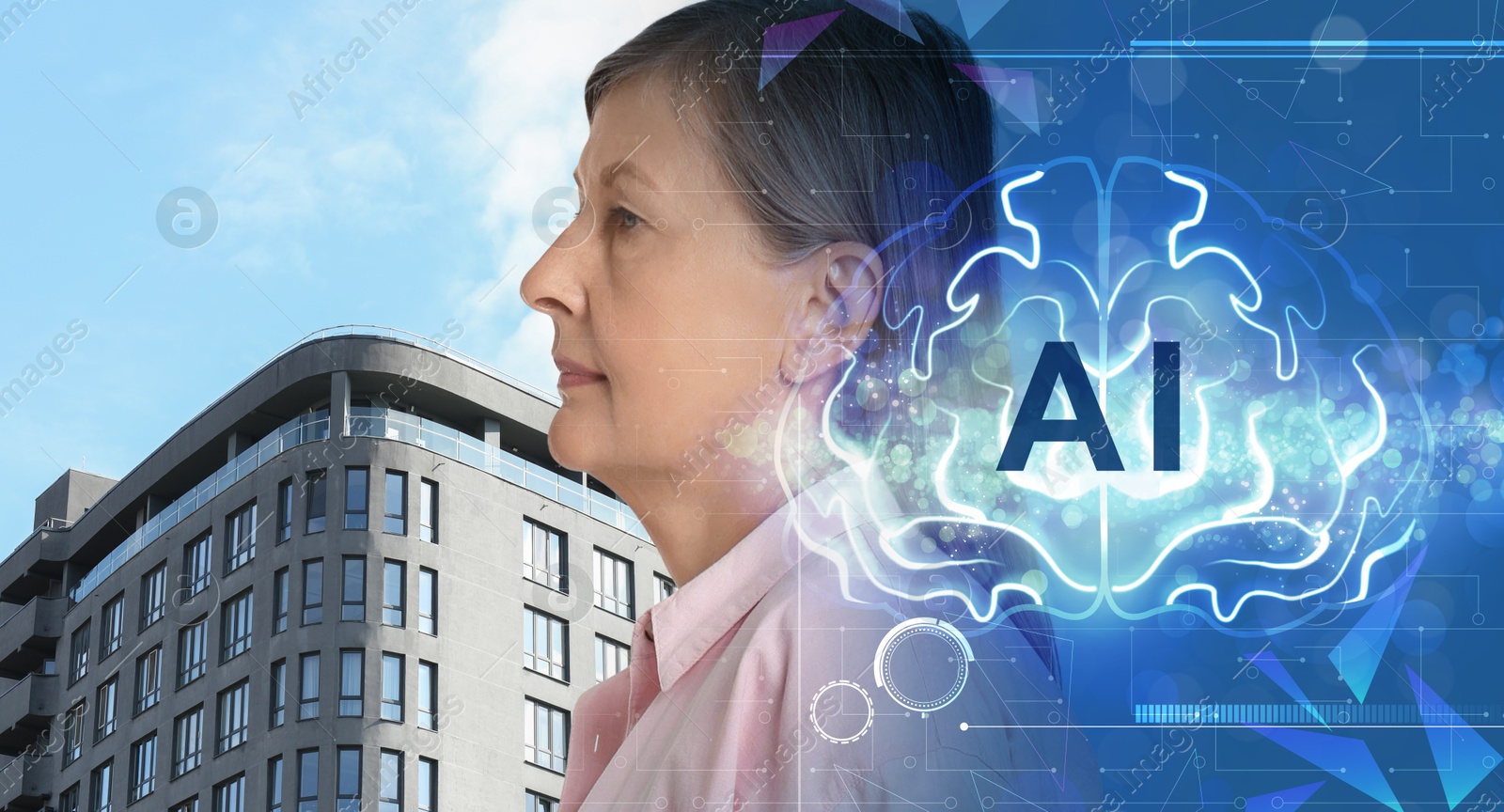 Image of Artificial intelligence. Multiple exposure of mature woman, brain and building. Banner design