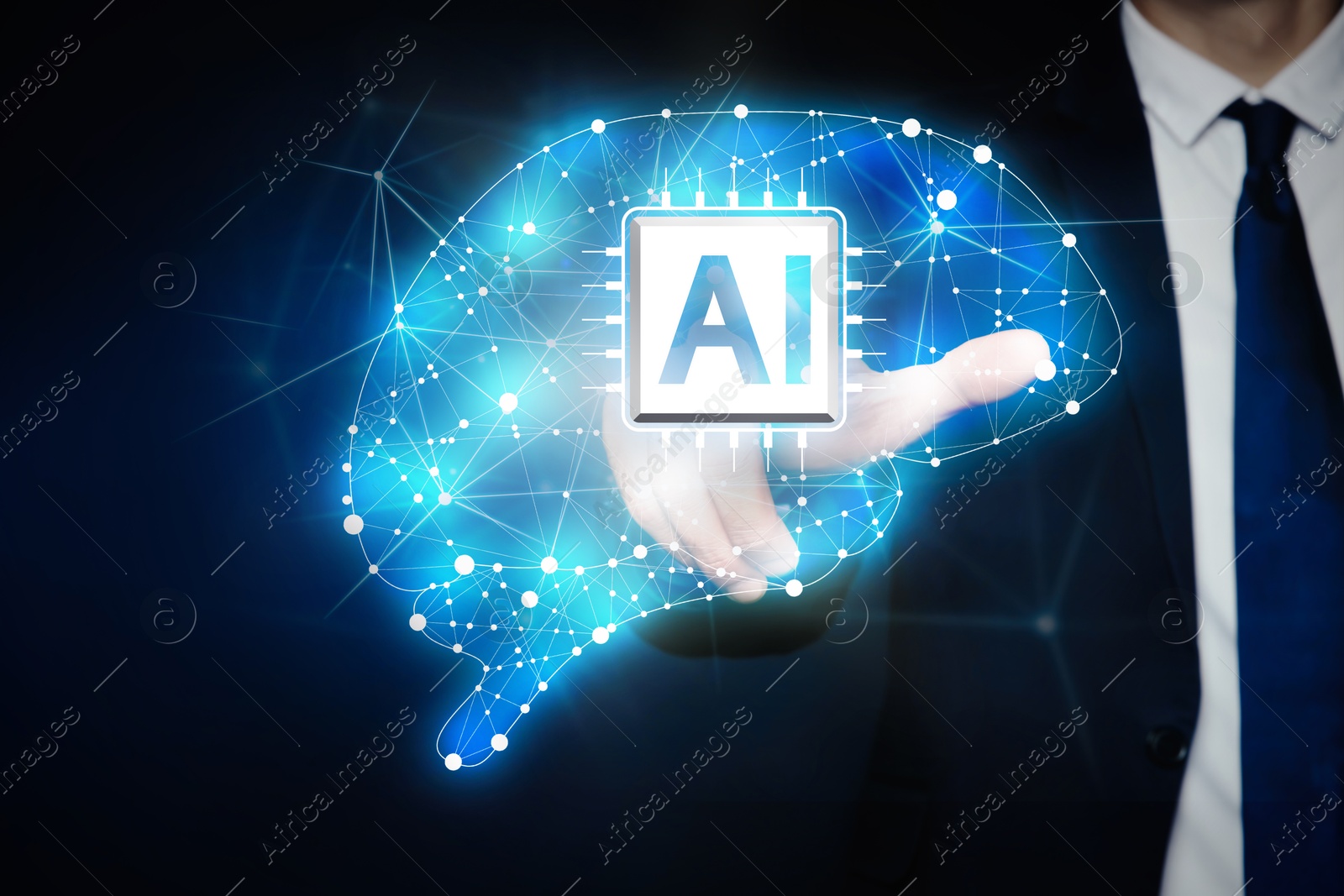 Image of Artificial intelligence. Businessman touching virtual brain with AI chip dark background, closeup