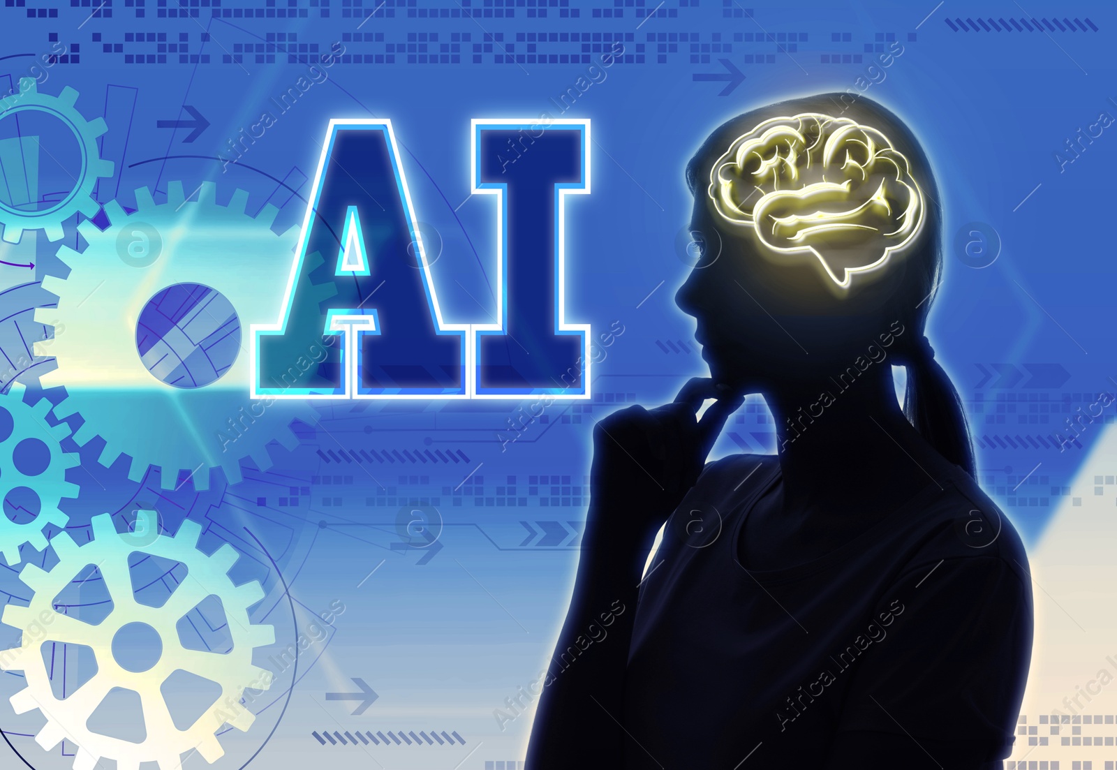 Image of Artificial intelligence. Woman with illustration of glowing brain, AI abbreviation and cogwheels on color background