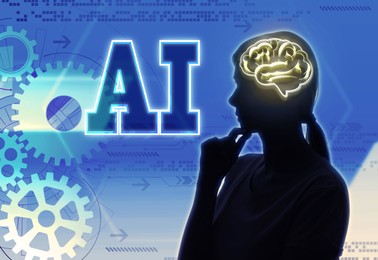 Image of Artificial intelligence. Woman with illustration of glowing brain, AI abbreviation and cogwheels on color background