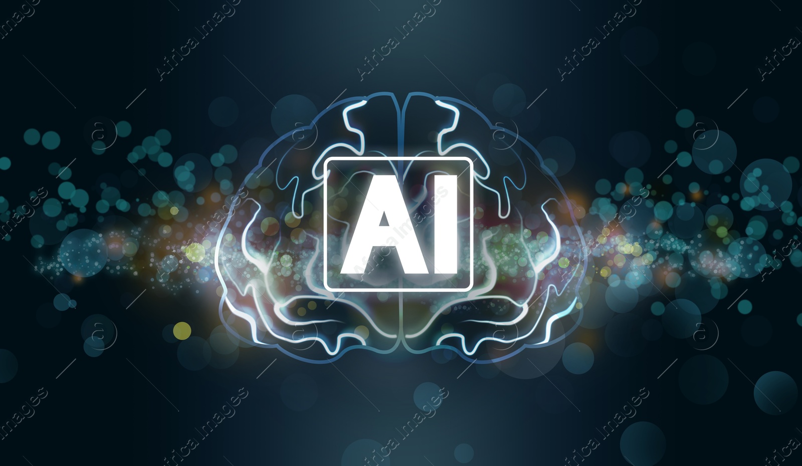 Image of Artificial intelligence. Illustration of glowing brain and AI abbreviation on dark background, bokeh effect. Banner design