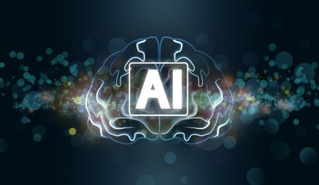 Image of Artificial intelligence. Illustration of glowing brain and AI abbreviation on dark background, bokeh effect. Banner design