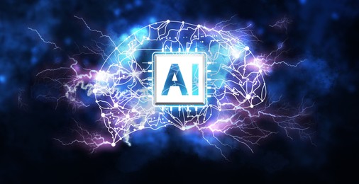 Image of Artificial intelligence. Illustration of glowing brain with lightnings and AI chip on dark smoky background. Banner design