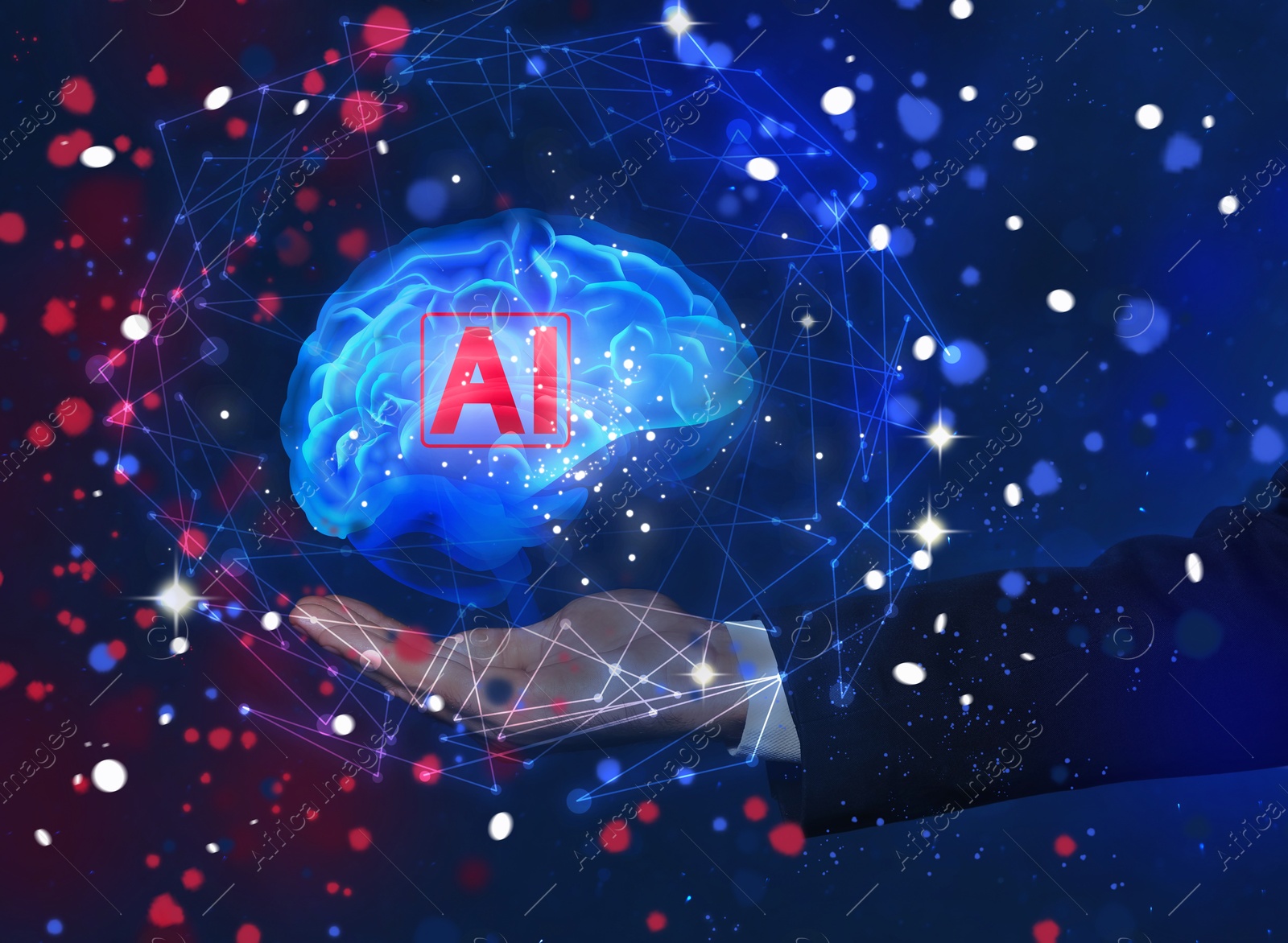 Image of Artificial intelligence. Businessman holding virtual brain with AI abbreviation on blue background, closeup