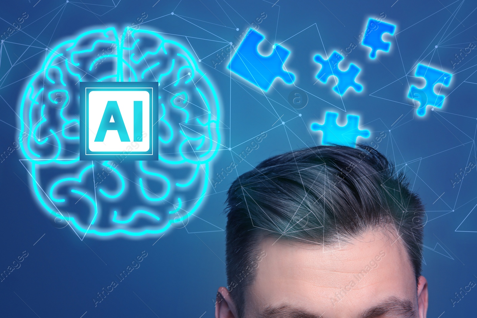 Image of Artificial intelligence. Man, illustration of glowing brain with AI abbreviation and puzzle pieces on blue background