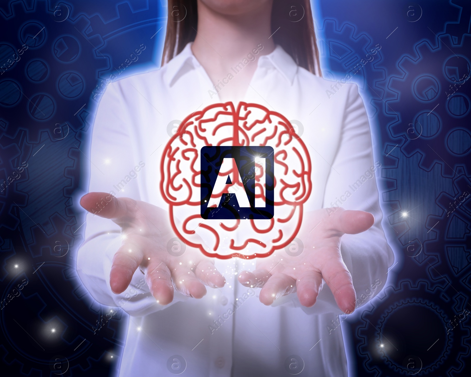 Image of Artificial intelligence. Woman holding virtual brain with AI abbreviation, closeup. Blue gradient background with cogwheels