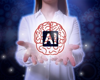 Image of Artificial intelligence. Woman holding virtual brain with AI abbreviation, closeup. Blue gradient background with cogwheels