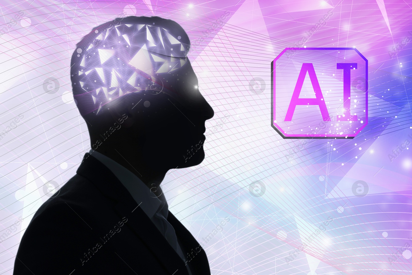 Image of Artificial intelligence. Man with illustration of glowing brain and AI abbreviation on color background