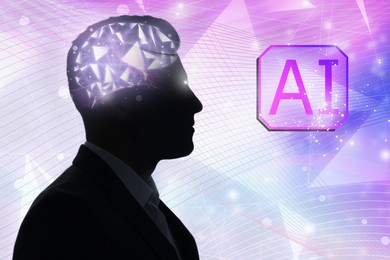 Image of Artificial intelligence. Man with illustration of glowing brain and AI abbreviation on color background