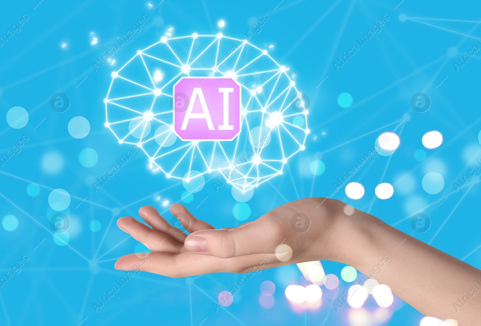 Image of Artificial intelligence. Woman holding virtual brain with AI abbreviation on light blue background, closeup