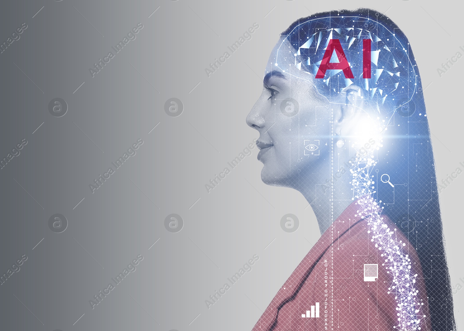 Image of Artificial intelligence. Double exposure of woman and brain with spine on grey background. Space for text