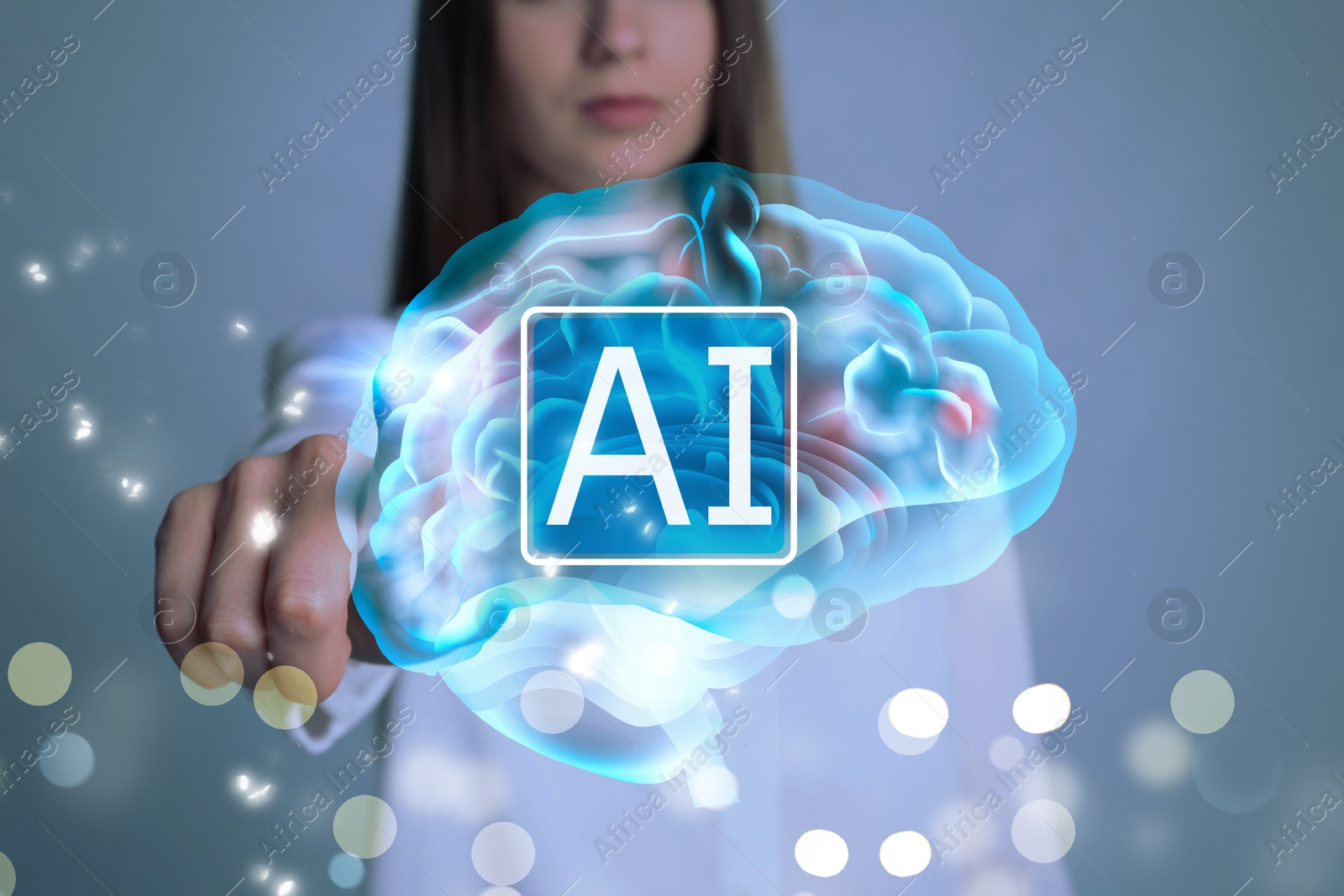 Image of Artificial intelligence. Woman touching virtual brain with AI abbreviation on grey background, closeup