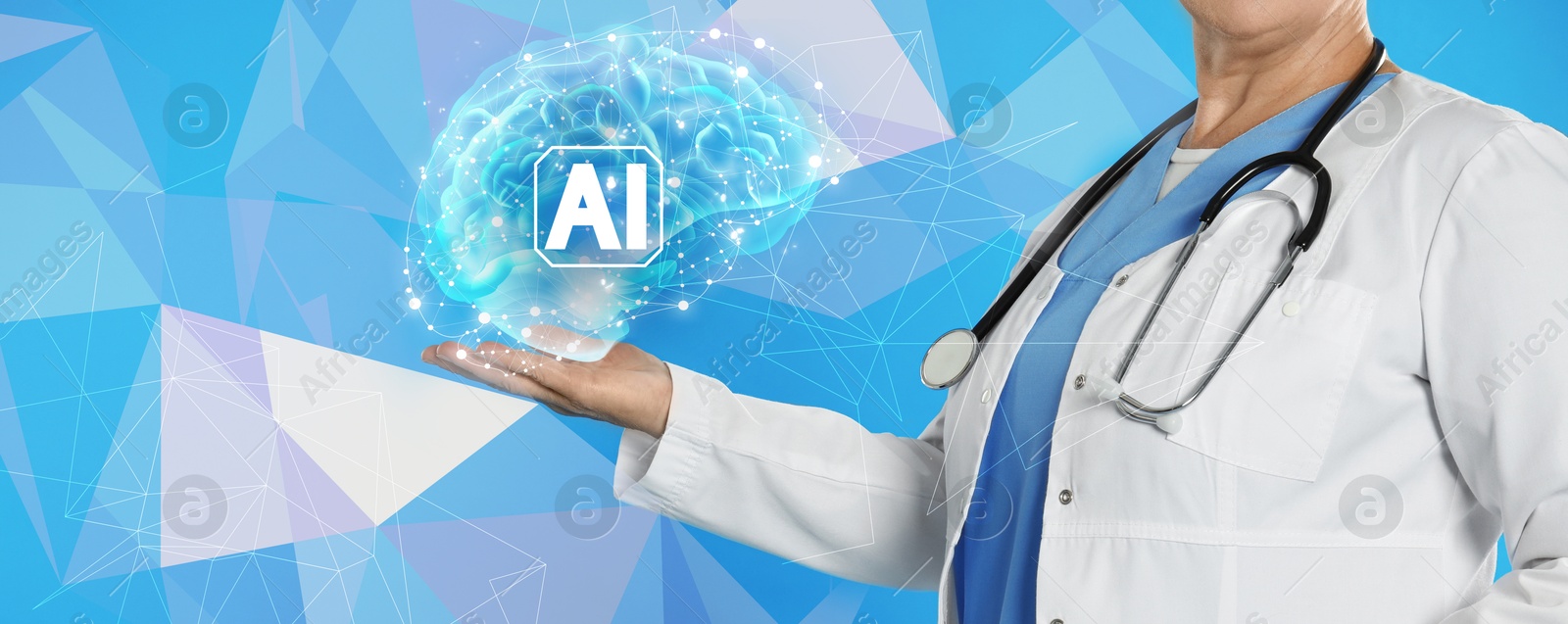 Image of Artificial intelligence. Health worker holding virtual brain with AI abbreviation on light blue background, closeup. Banner design