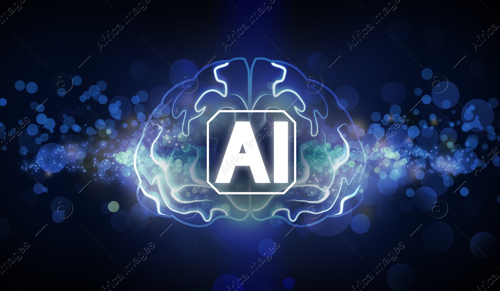 Image of Artificial intelligence. Illustration of brain with and AI abbreviation on dark background. Banner design