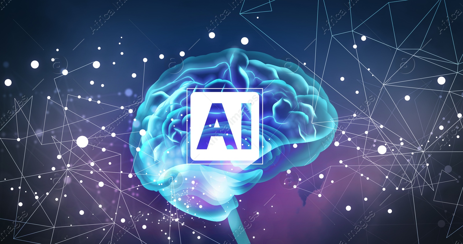 Image of Artificial intelligence. Illustration of glowing brain with AI abbreviation on color background. Banner design