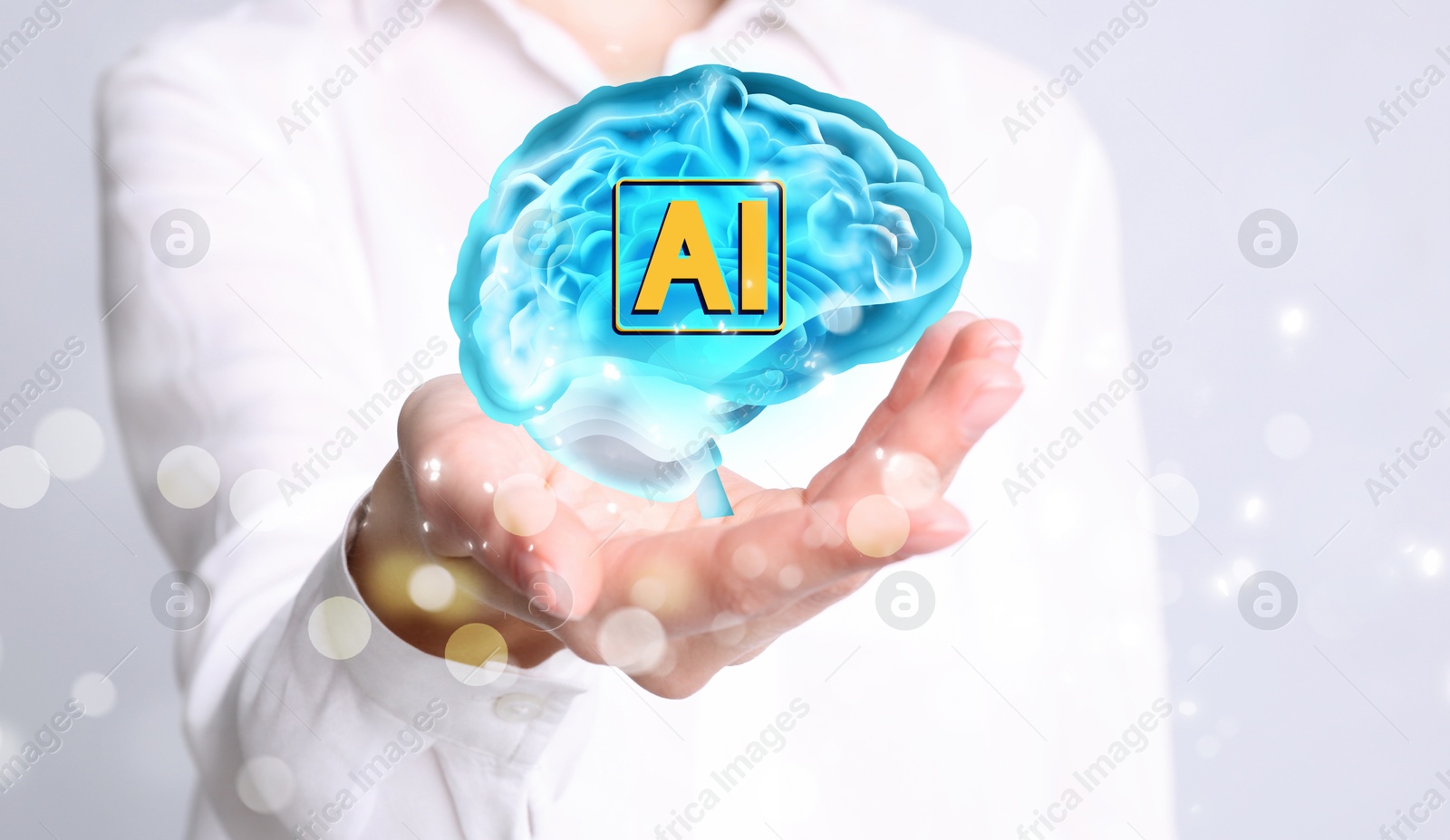 Image of Artificial intelligence. Woman holding virtual brain with AI abbreviation on white background, closeup. Banner design