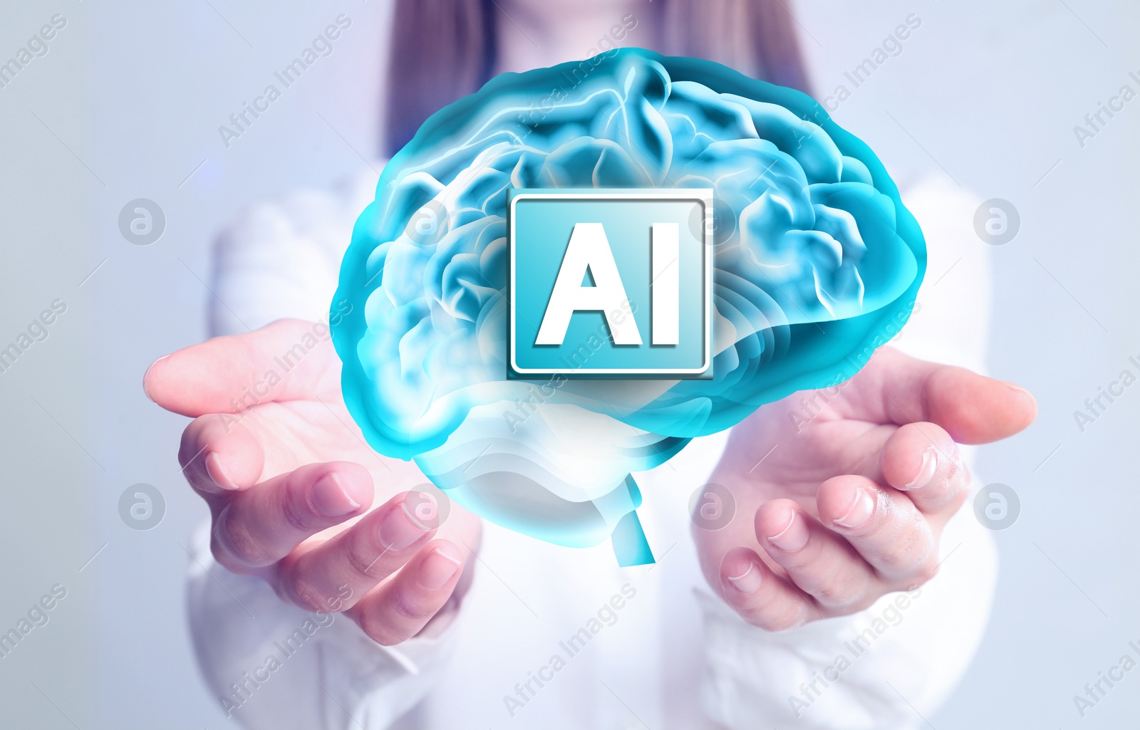 Image of Artificial intelligence. Woman holding virtual brain with AI abbreviation on white background, closeup