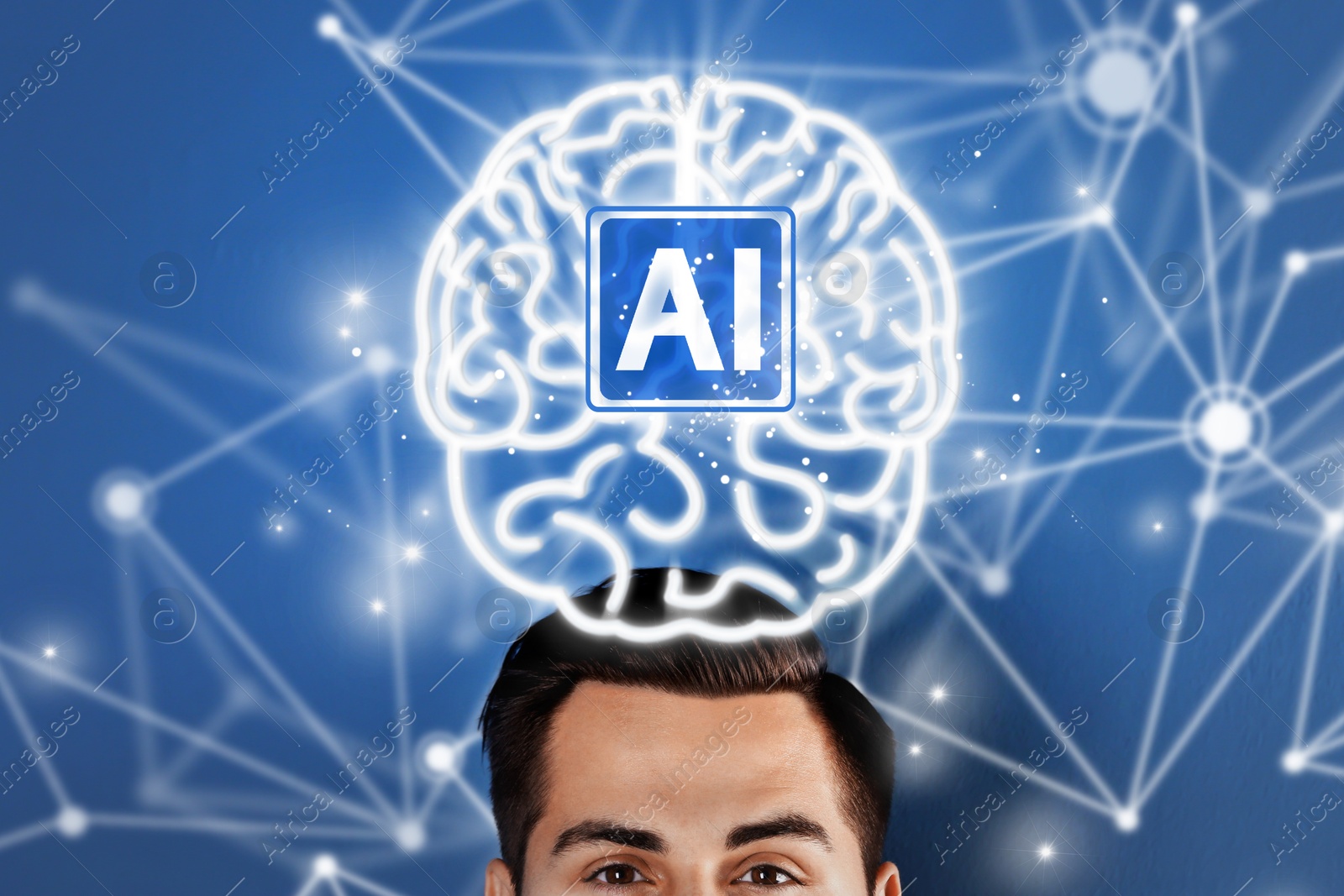 Image of Artificial intelligence. Illustration of glowing brain with AI abbreviation over man on blue background