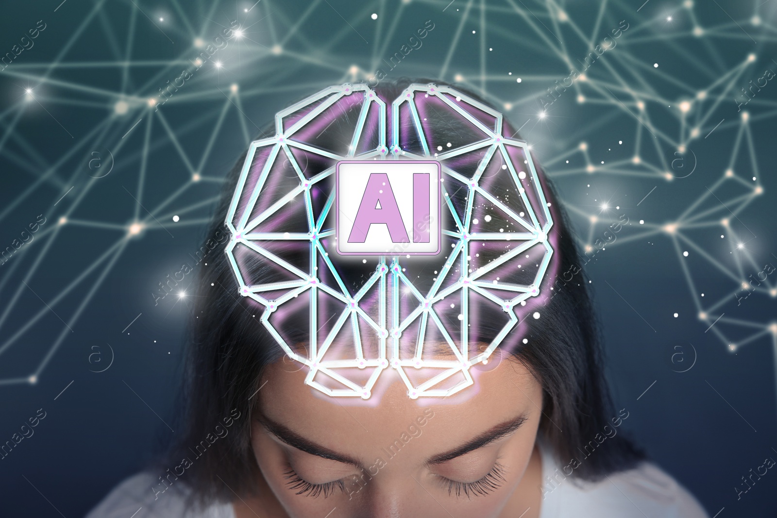 Image of Artificial intelligence. Illustration of glowing brain with AI abbreviation over woman on color background