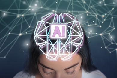 Image of Artificial intelligence. Illustration of glowing brain with AI abbreviation over woman on color background