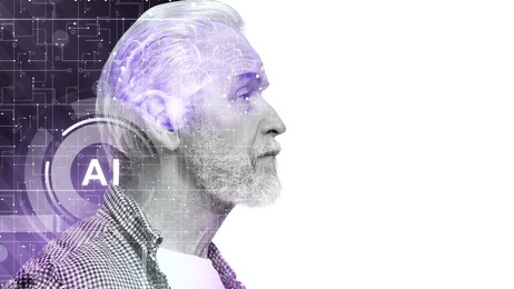 Image of Artificial intelligence. Double exposure of senior man and brain on white background. Banner design with space for text