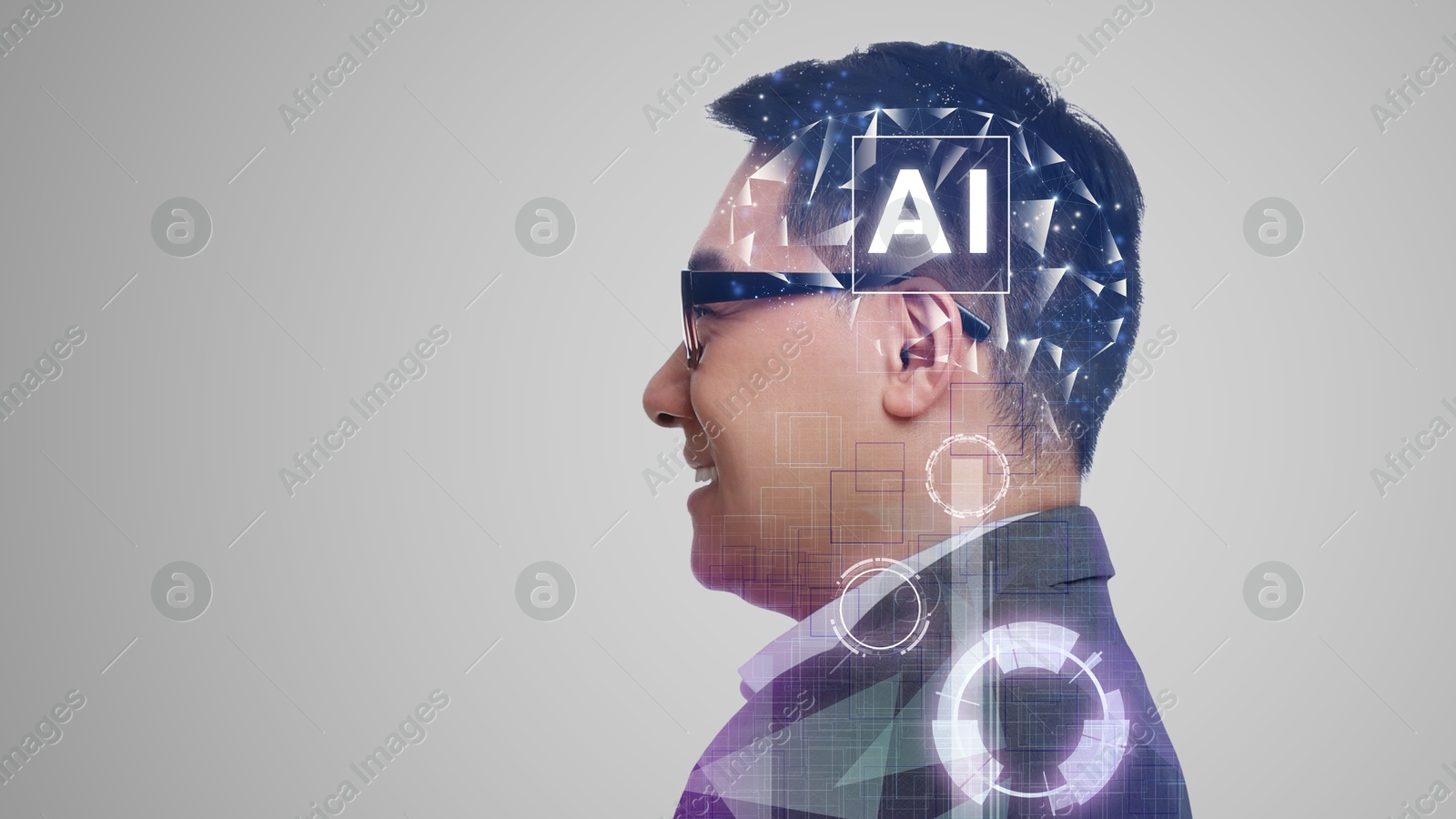 Image of Artificial intelligence. Double exposure of man and scheme with brain on grey background. Banner design with space for text