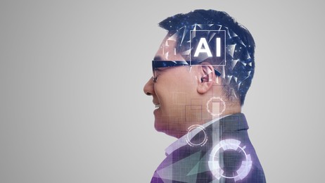 Image of Artificial intelligence. Double exposure of man and scheme with brain on grey background. Banner design with space for text