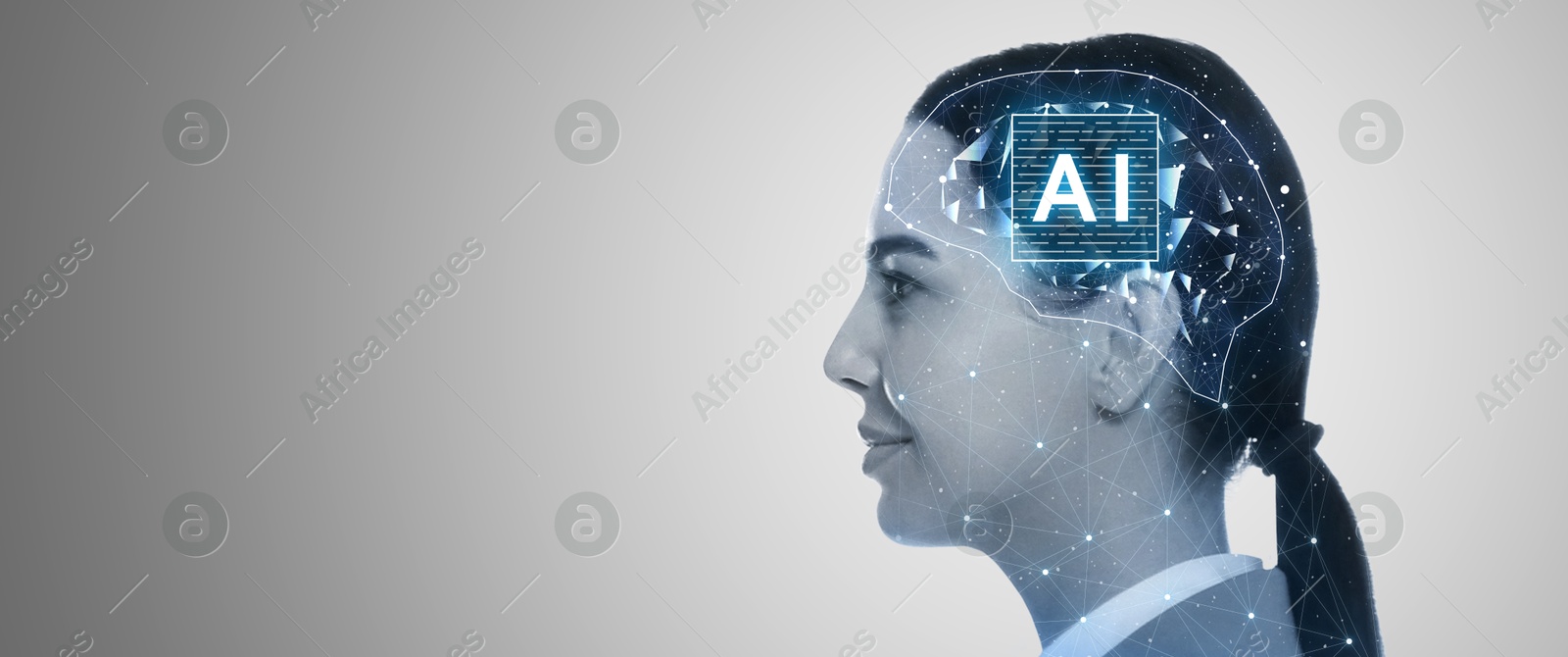 Image of Artificial intelligence. Double exposure of woman and brain on grey background. Banner design with space for text