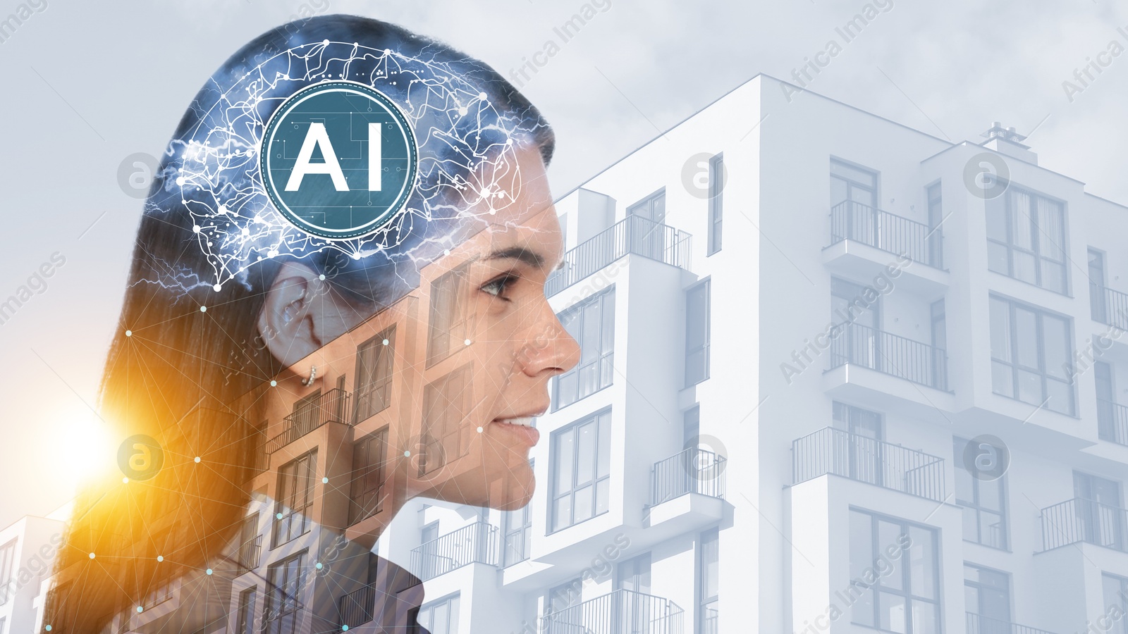 Image of Artificial intelligence. Double exposure of woman, brain and building. Banner design with space for text