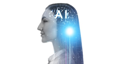 Image of Artificial intelligence. Double exposure of woman and brain on white background. Banner design