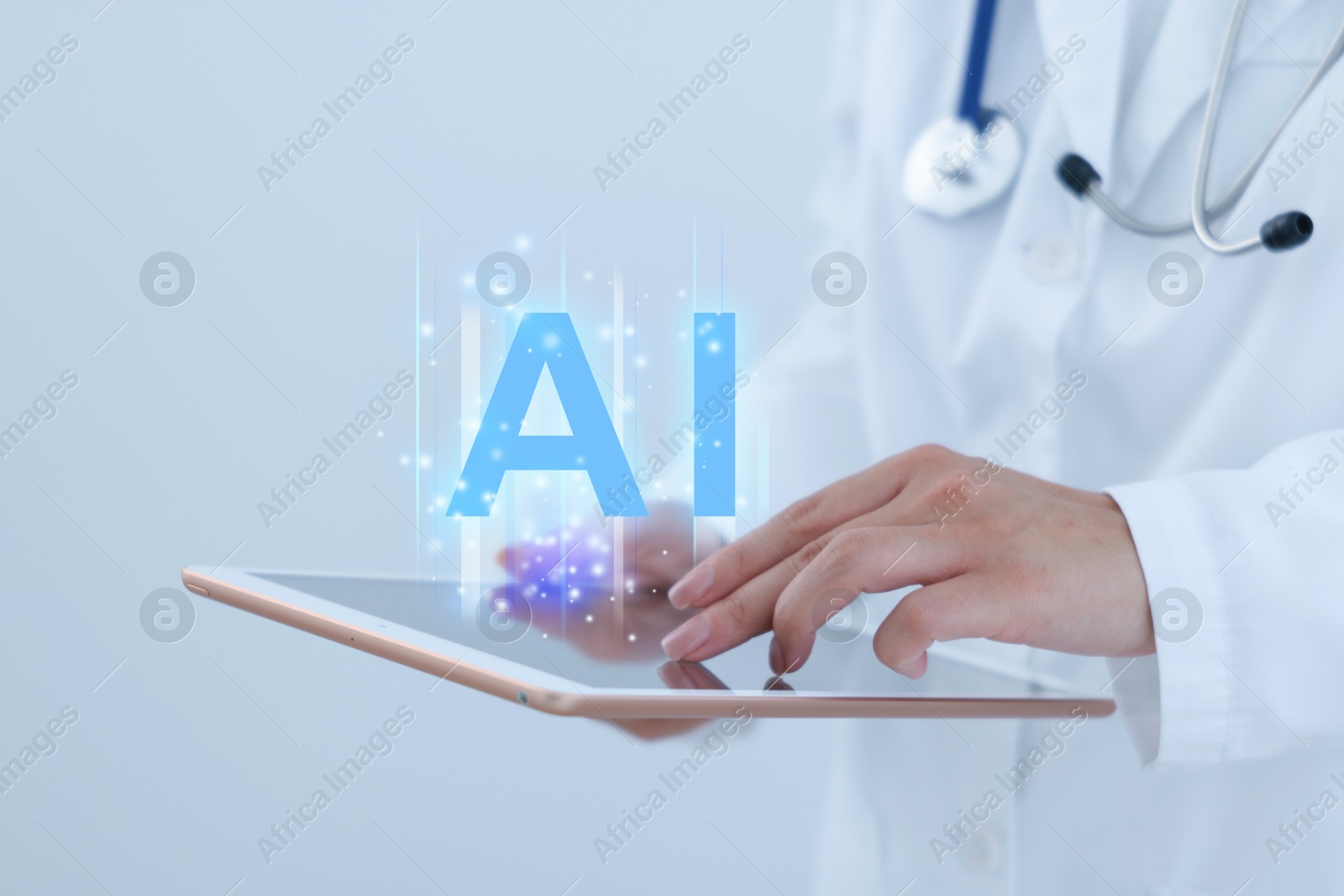 Image of Artificial intelligence in medicine. Healthcare worker using tablet on white background, closeup. AI abbreviation over device