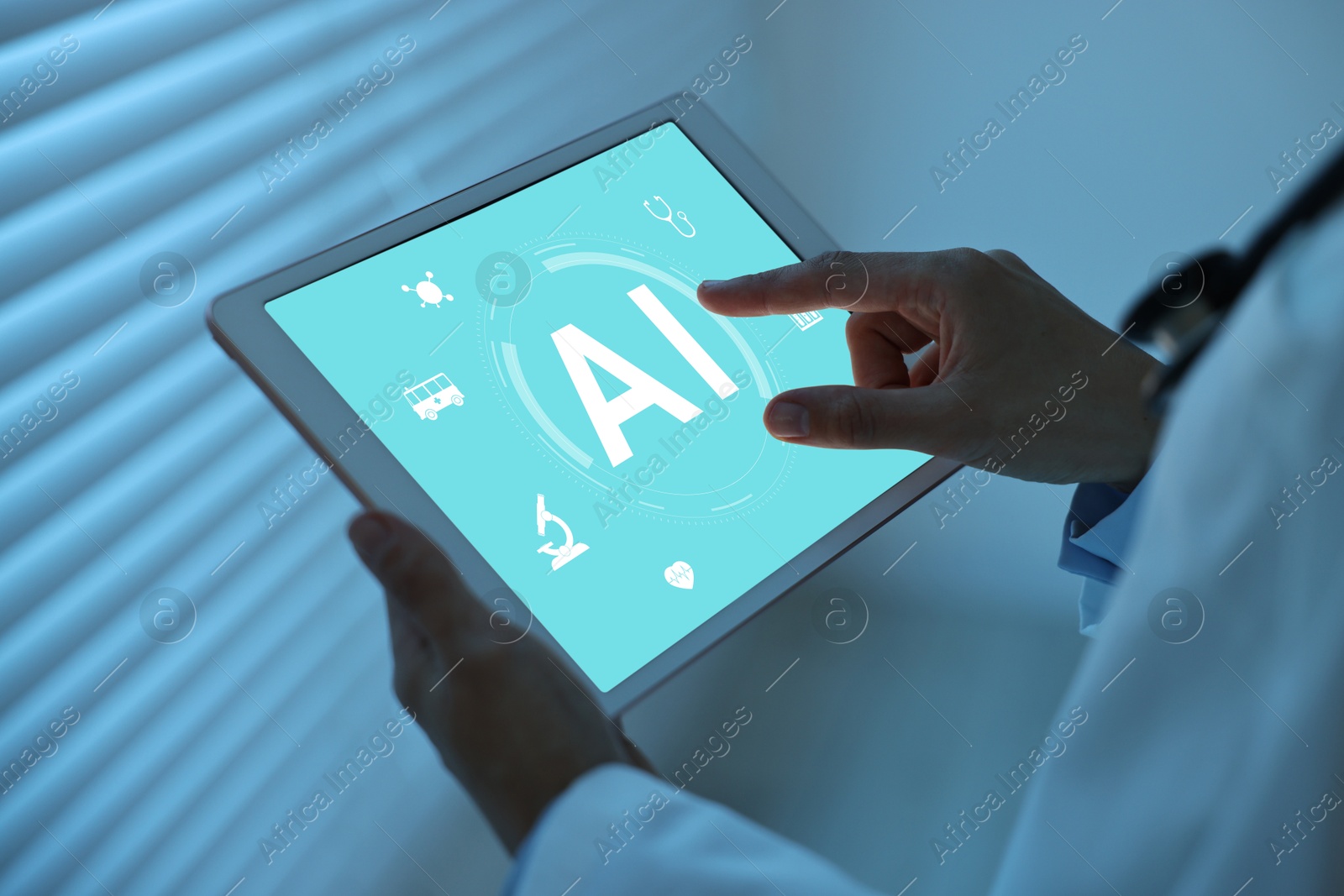 Image of Artificial intelligence in medicine. Healthcare worker using tablet indoors, closeup. AI abbreviation and icons on device screen