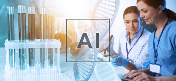 Image of Artificial intelligence in medicine. Laboratory workers, test tubes and illustrations of DNA, double exposure. Banner design