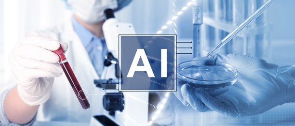 Image of Artificial intelligence in medicine. Laboratory workers and illustration of DNA, double exposure. Banner design