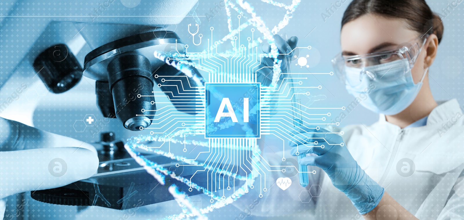 Image of Artificial intelligence in medicine. Laboratory worker, microscope, AI chip and illustration of DNA, double exposure. Banner design