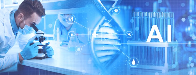 Image of Artificial intelligence in medicine. Laboratory worker, scheme with icons, test tubes and illustration of DNA, double exposure. Banner design