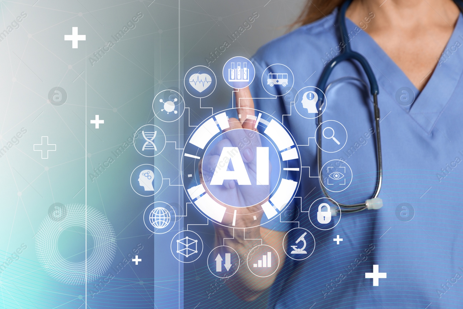 Image of Artificial intelligence in medicine. Healthcare worker using virtual screen with AI abbreviation and icons, closeup