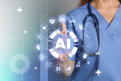 Image of Artificial intelligence in medicine. Healthcare worker using virtual screen with AI abbreviation and icons, closeup