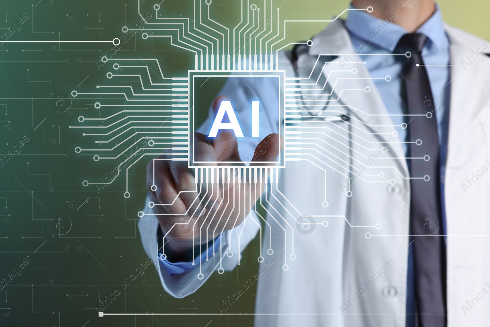 Image of Artificial intelligence in medicine. Healthcare worker touching virtual AI chip on green background, closeup