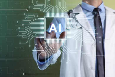 Image of Artificial intelligence in medicine. Healthcare worker touching virtual AI chip on green background, closeup