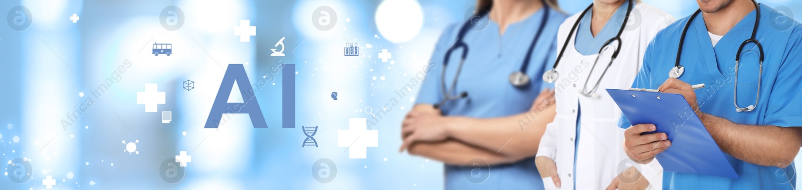 Image of Artificial intelligence in medicine. Healthcare workers and icons. Banner design