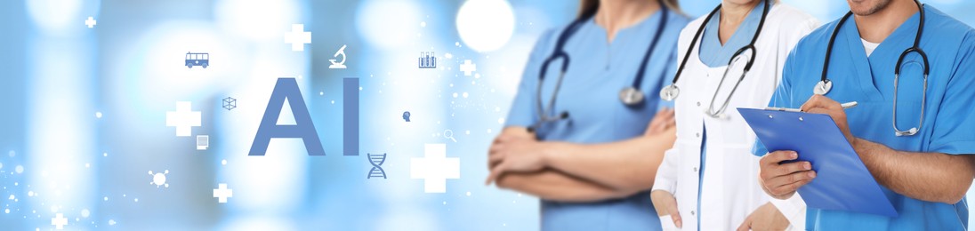 Artificial intelligence in medicine. Healthcare workers and icons. Banner design