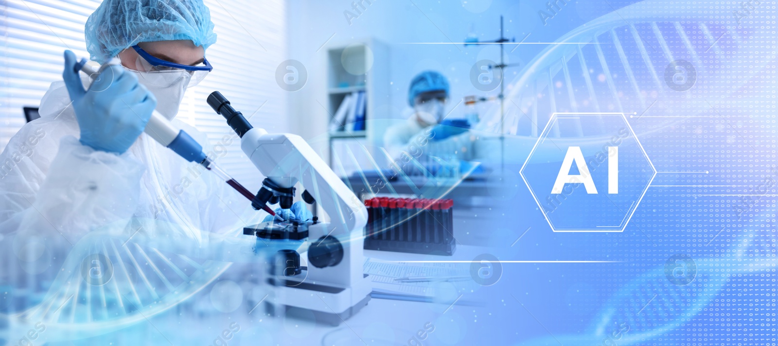 Image of Artificial intelligence in medicine. Laboratory workers and illustrations of DNA, double exposure. Banner design