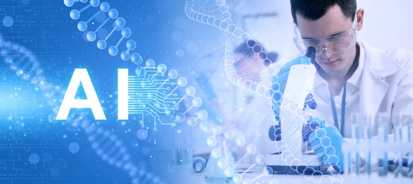 Image of Artificial intelligence in medicine. Laboratory workers and illustrations of DNA, double exposure. Banner design