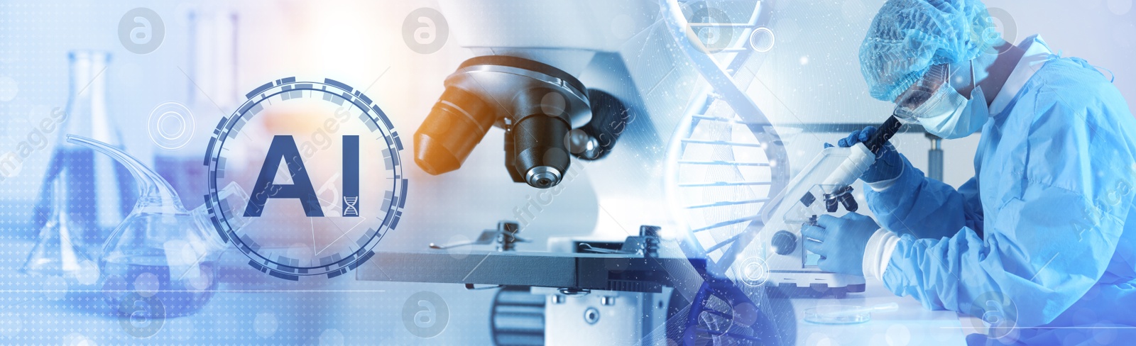 Image of Artificial intelligence in medicine. Laboratory worker, microscope, glassware and illustration of DNA, double exposure. Banner design